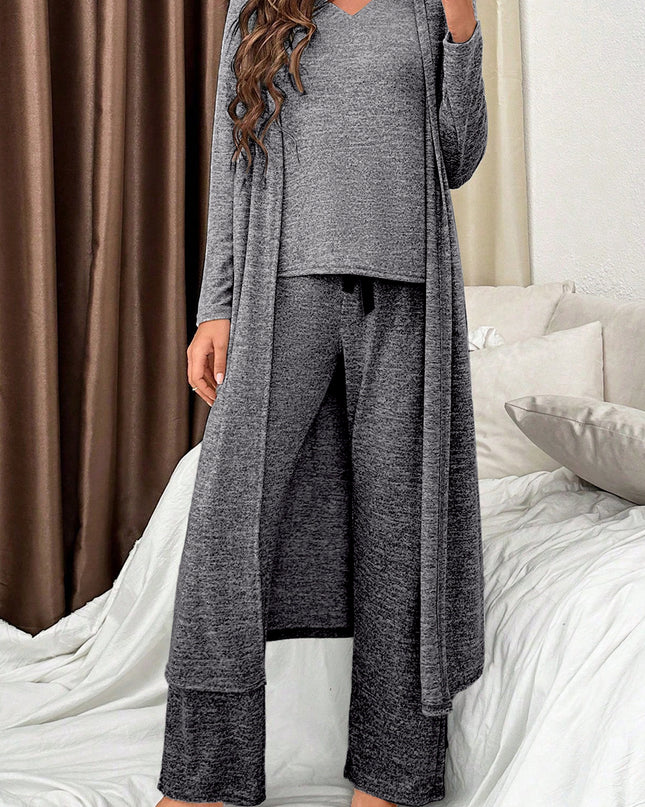 Dark Grey 3pcs V Neck T Shirt Ribbon Knot Pants Open Duster 3pcs Lounge Set