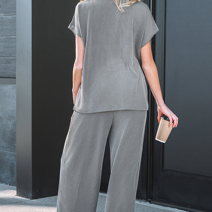 Dark Grey Twisted Ribbed High Neck Loose Tee Elastic High Waist Loose Pant Set