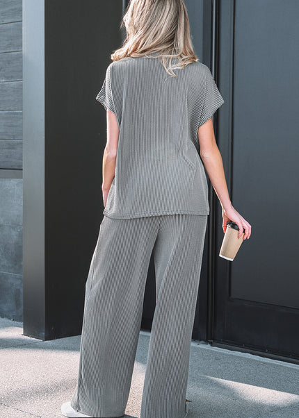 Dark Grey Twisted Ribbed High Neck Loose Tee Elastic High Waist Loose Pant Set