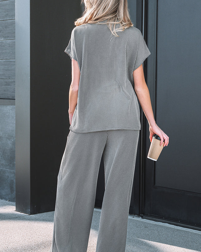 Dark Grey Twisted Ribbed High Neck Loose Tee Elastic High Waist Loose Pant Set
