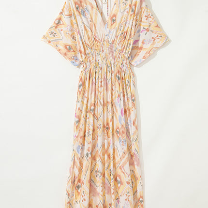 Multicolour Geometric Print Half Sleeve Shirred High Waist Maxi Dress