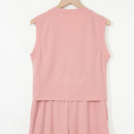 Gossamer Pink Ribbed Button V Neck Tank Top and Shorts Set