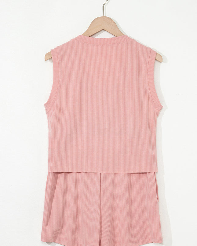 Gossamer Pink Ribbed Button V Neck Tank Top and Shorts Set