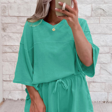 Meadow Mist Green Solid Loose V Neck Half Sleeve Tee and Shorts Set