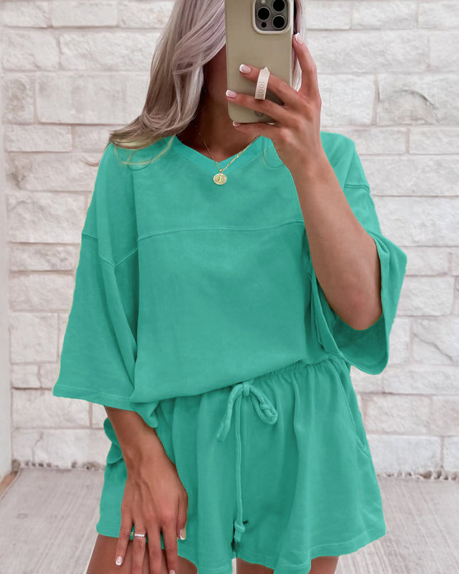 Meadow Mist Green Solid Loose V Neck Half Sleeve Tee and Shorts Set