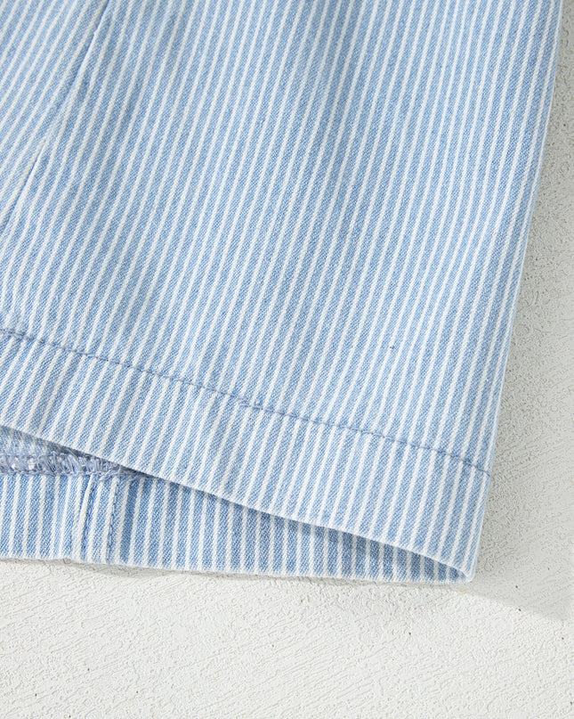 Sky Blue Stripe Collared Button Front Sleeveless Denim Mini Dress