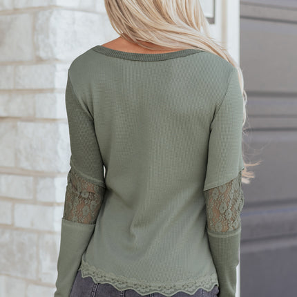 Sage Green Solid Color Waffle Ribbed Lace Patchwork Long Sleeve Top