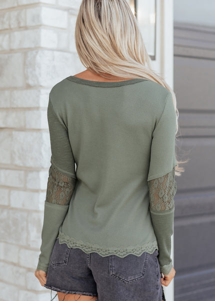 Sage Green Solid Color Waffle Ribbed Lace Patchwork Long Sleeve Top