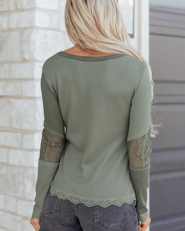 Sage Green Solid Color Waffle Ribbed Lace Patchwork Long Sleeve Top
