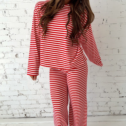 Red Stripe Drop Shoulder Long Sleeve Top Lounge Pants 2pcs Set