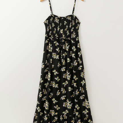Black Floral Spaghetti Strap Shirred Bodice Tied Empire Waist Maxi Dress