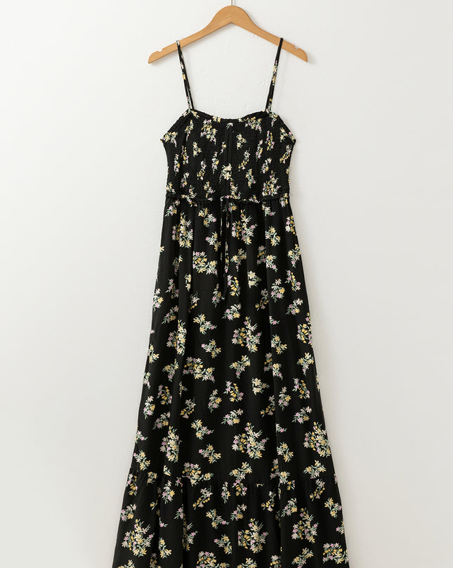 Black Floral Spaghetti Strap Shirred Bodice Tied Empire Waist Maxi Dress