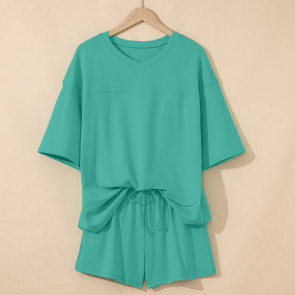 Meadow Mist Green Solid Loose V Neck Half Sleeve Tee and Shorts Set