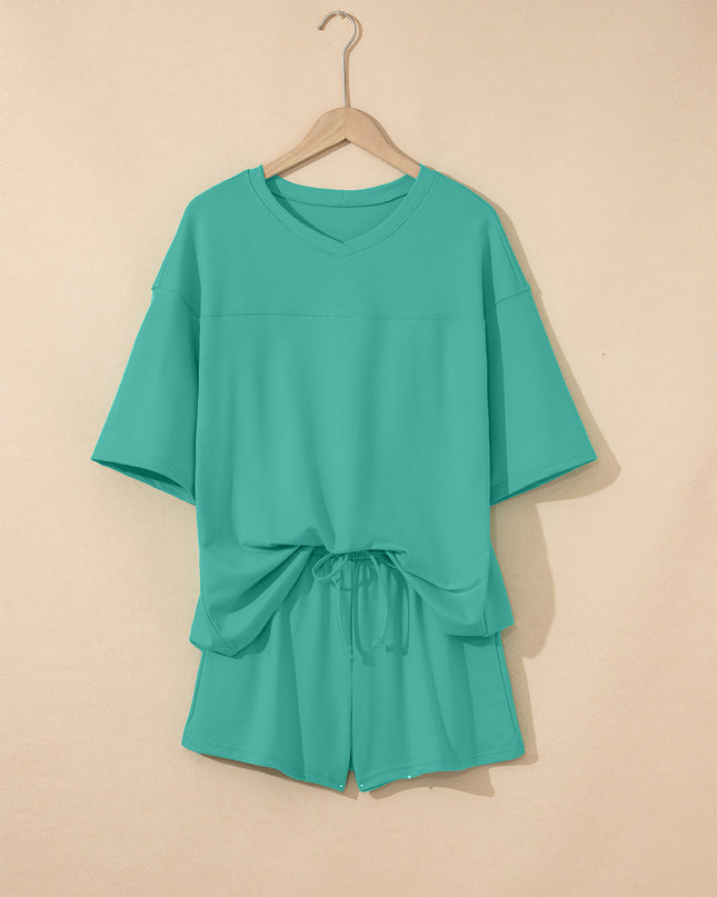 Meadow Mist Green Solid Loose V Neck Half Sleeve Tee and Shorts Set