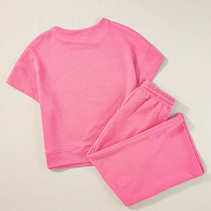 Black Textured Loose Fit T Shirt and Drawstring Pants Set