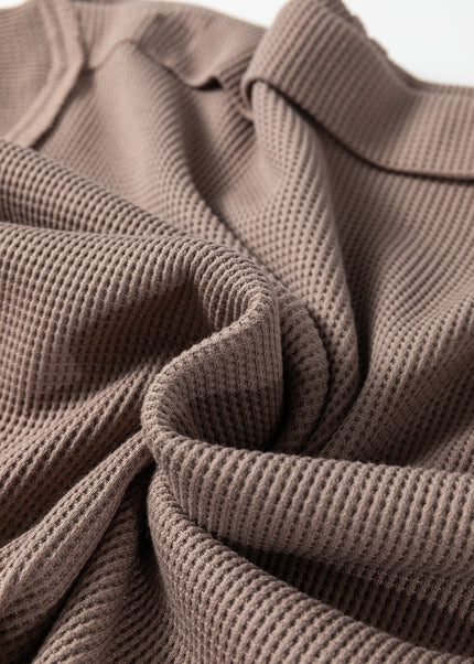 Beige Solid Color Waffle Knit Asymmetric Neck Long Sleeve Top