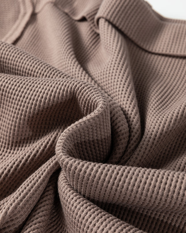 Beige Solid Color Waffle Knit Asymmetric Neck Long Sleeve Top