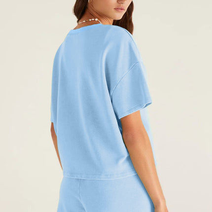 Mint Green V Neck Drop Shoulder Tee and Patchwork Drawstring Shorts Set