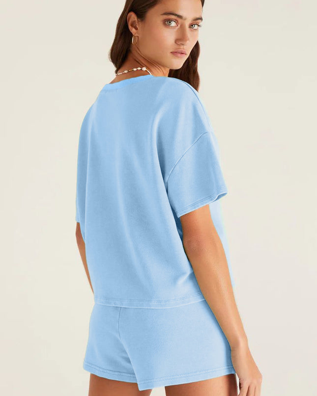 Mint Green V Neck Drop Shoulder Tee and Patchwork Drawstring Shorts Set