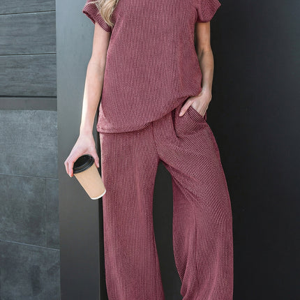 Dark Grey Twisted Ribbed High Neck Loose Tee Elastic High Waist Loose Pant Set