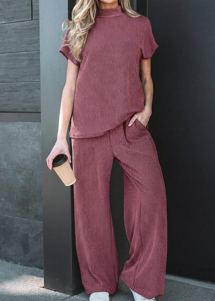 Dark Grey Twisted Ribbed High Neck Loose Tee Elastic High Waist Loose Pant Set
