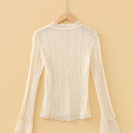 Apricot Flounced Long Sleeve Mock Neck Sheer Lace Top