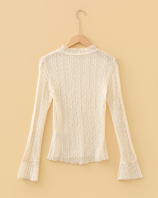 Apricot Flounced Long Sleeve Mock Neck Sheer Lace Top