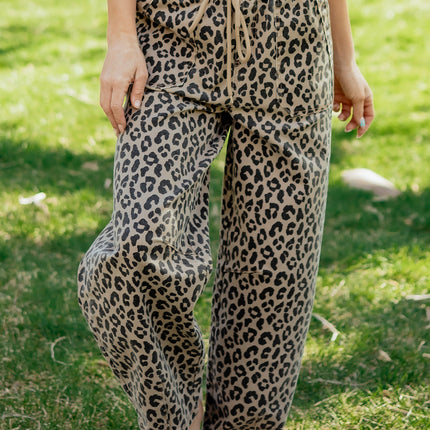 Khaki Leopard Print Drawstring Elastic Waist Loose Denim Pants with Pockets