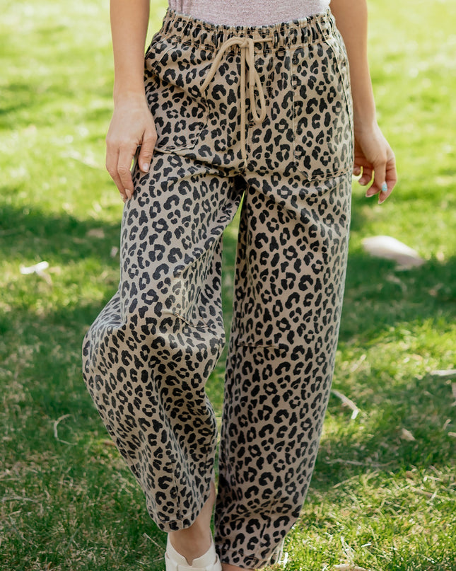 Khaki Leopard Print Drawstring Elastic Waist Loose Denim Pants with Pockets