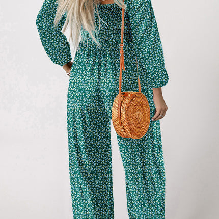 Brown Floral Print Western Smocked Bodice Square Neck Wide Leg Jumpsuit