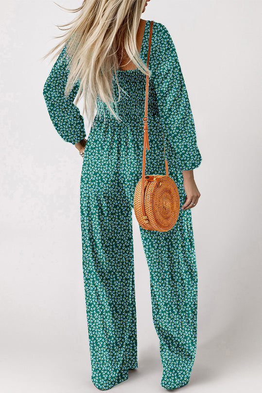 Brown Floral Print Western Smocked Bodice Square Neck Wide Leg Jumpsuit