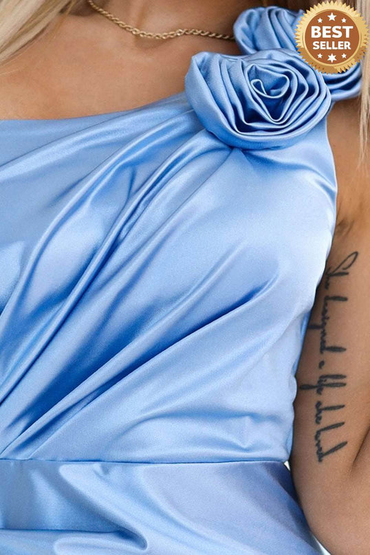 Light Blue Satin One-Shoulder Dress with Roses – Aurora