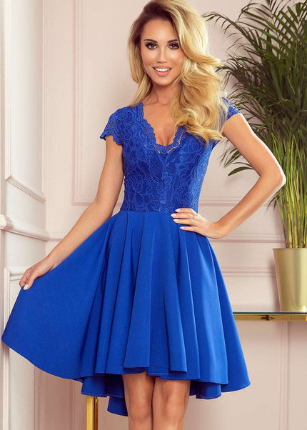 300-3 PATRICIA - dress with longer back with lace neckline - ROYAL BLUE