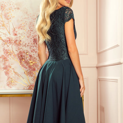 300-5 PATRICIA - dress with longer back with lace neckline - green color
