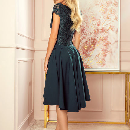300-5 PATRICIA - dress with longer back with lace neckline - green color