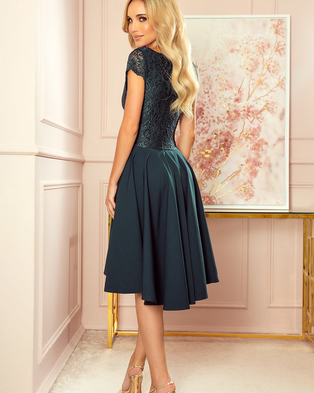300-5 PATRICIA - dress with longer back with lace neckline - green color