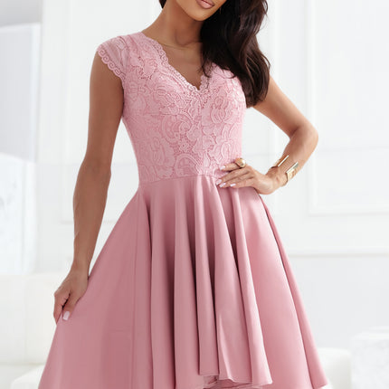300-7 PATRICIA dress with longer back with lace neckline - powder pink
