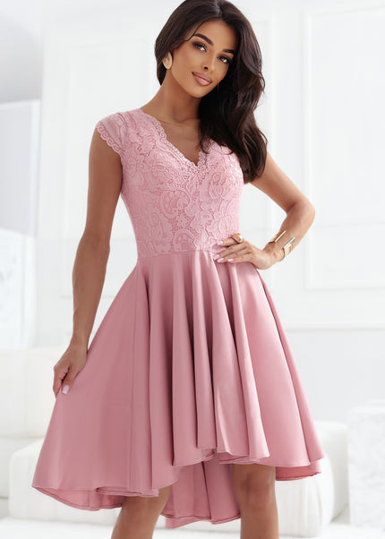 300-7 PATRICIA dress with longer back with lace neckline - powder pink