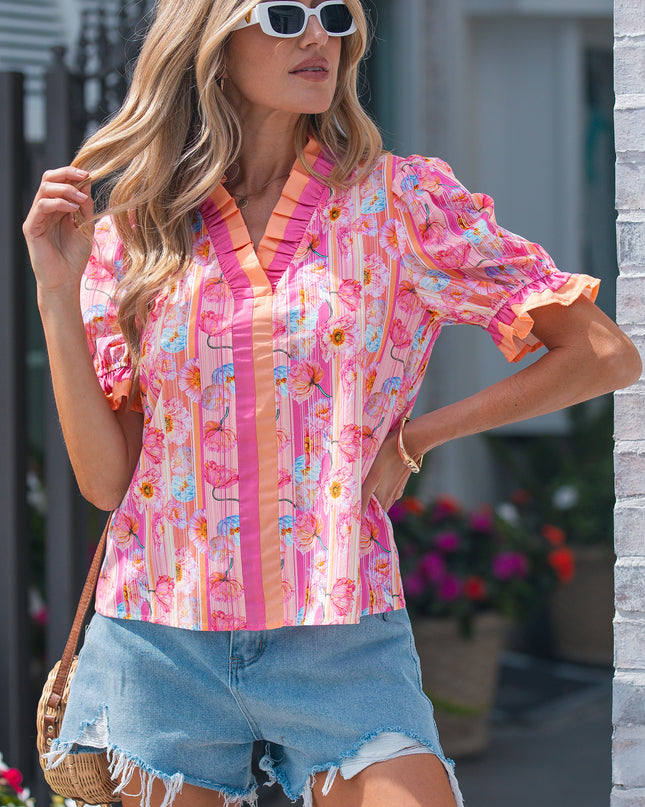 Pink Poppy Flower Striped Print Color Block Trim V Neck Short Sleeve Blouse