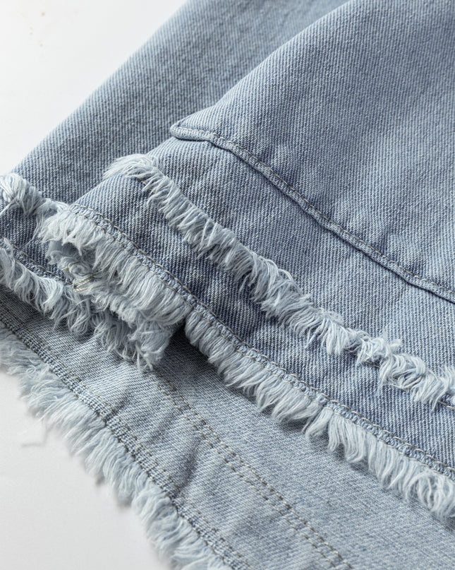 Beau Blue Frayed Edge Flap Pockets Denim Vest Jacket