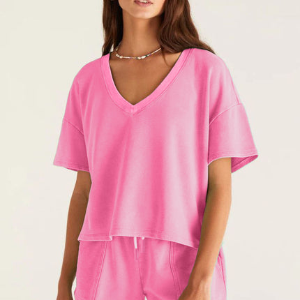 Mint Green V Neck Drop Shoulder Tee and Patchwork Drawstring Shorts Set