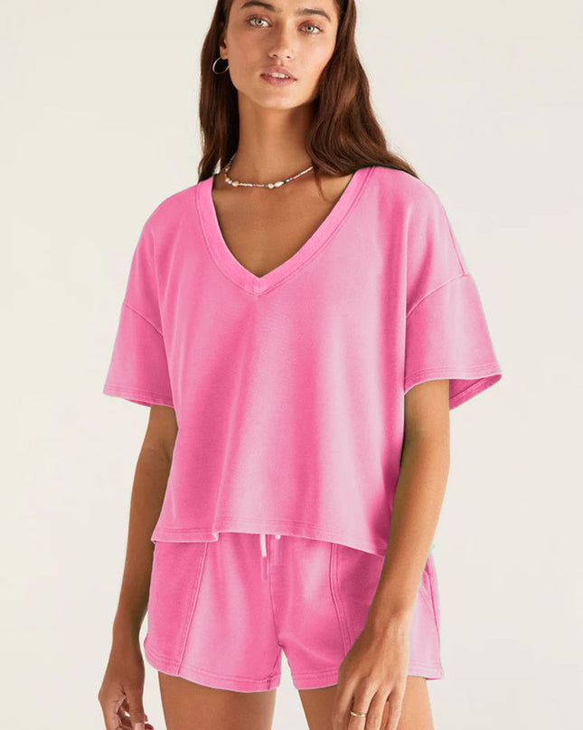 Mint Green V Neck Drop Shoulder Tee and Patchwork Drawstring Shorts Set
