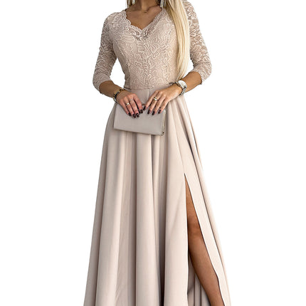 21299-8-309-10 AMBER lace, elegant long dress with a neckline and leg slit - beige-8