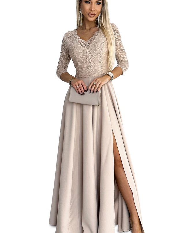309-10 AMBER lace, elegant long dress with a neckline and leg slit - beige