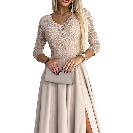 21299-9-309-10 AMBER lace, elegant long dress with a neckline and leg slit - beige-9