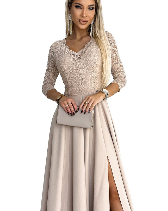 309-10 AMBER lace, elegant long dress with a neckline and leg slit - beige