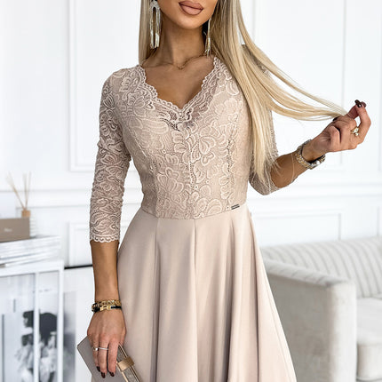 21299-2-309-10 AMBER lace, elegant long dress with a neckline and leg slit - beige-2