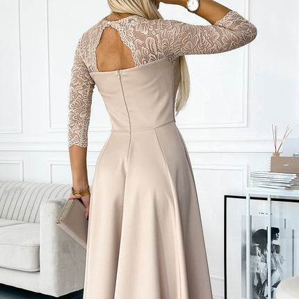 21299-6-309-10 AMBER lace, elegant long dress with a neckline and leg slit - beige-6