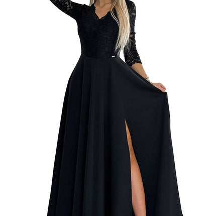 21134-7-309-11 AMBER lace, elegant long dress with a neckline and leg slit - black-7