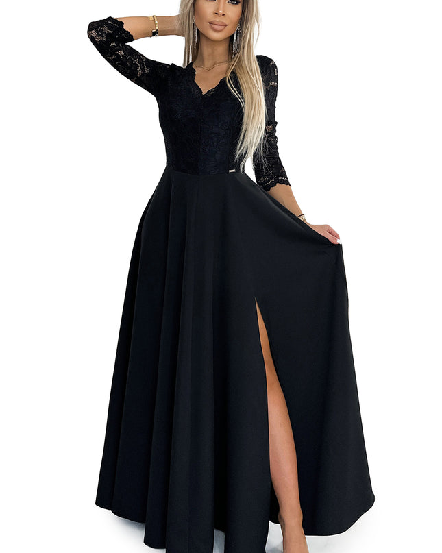 309-11 AMBER lace, elegant long dress with a neckline and leg slit - black